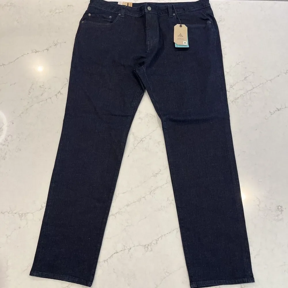 Prana Hillgard NEW Jeans Mens 42x34 Blue Dark Rinse Tapered Leg Slim Fit Organic